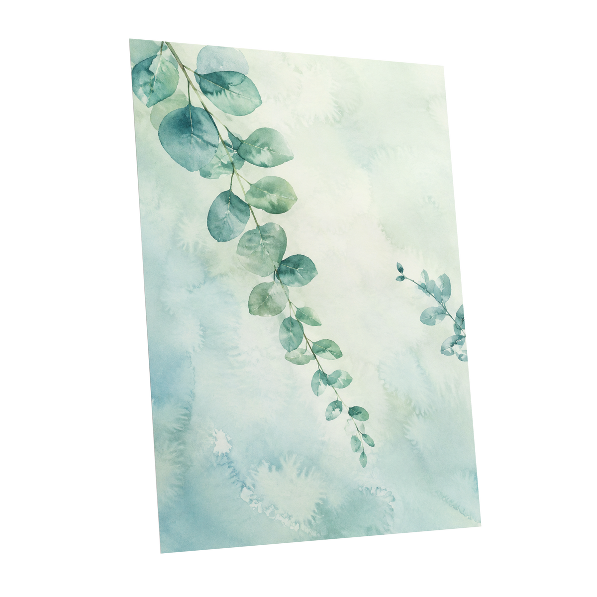 Eucalyptus Reverie, green, blue, white nature wall art shown as a unframed poster wall art print