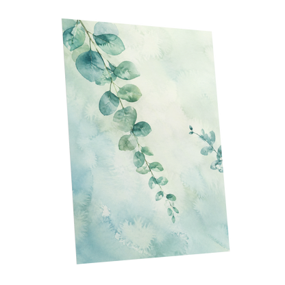 Eucalyptus Reverie, green, blue, white nature wall art shown as a unframed poster wall art print