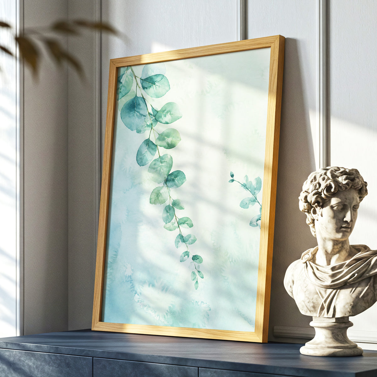 Eucalyptus Reverie, green, blue, white nature wall art displayed in a styled interior, gallery view 2
