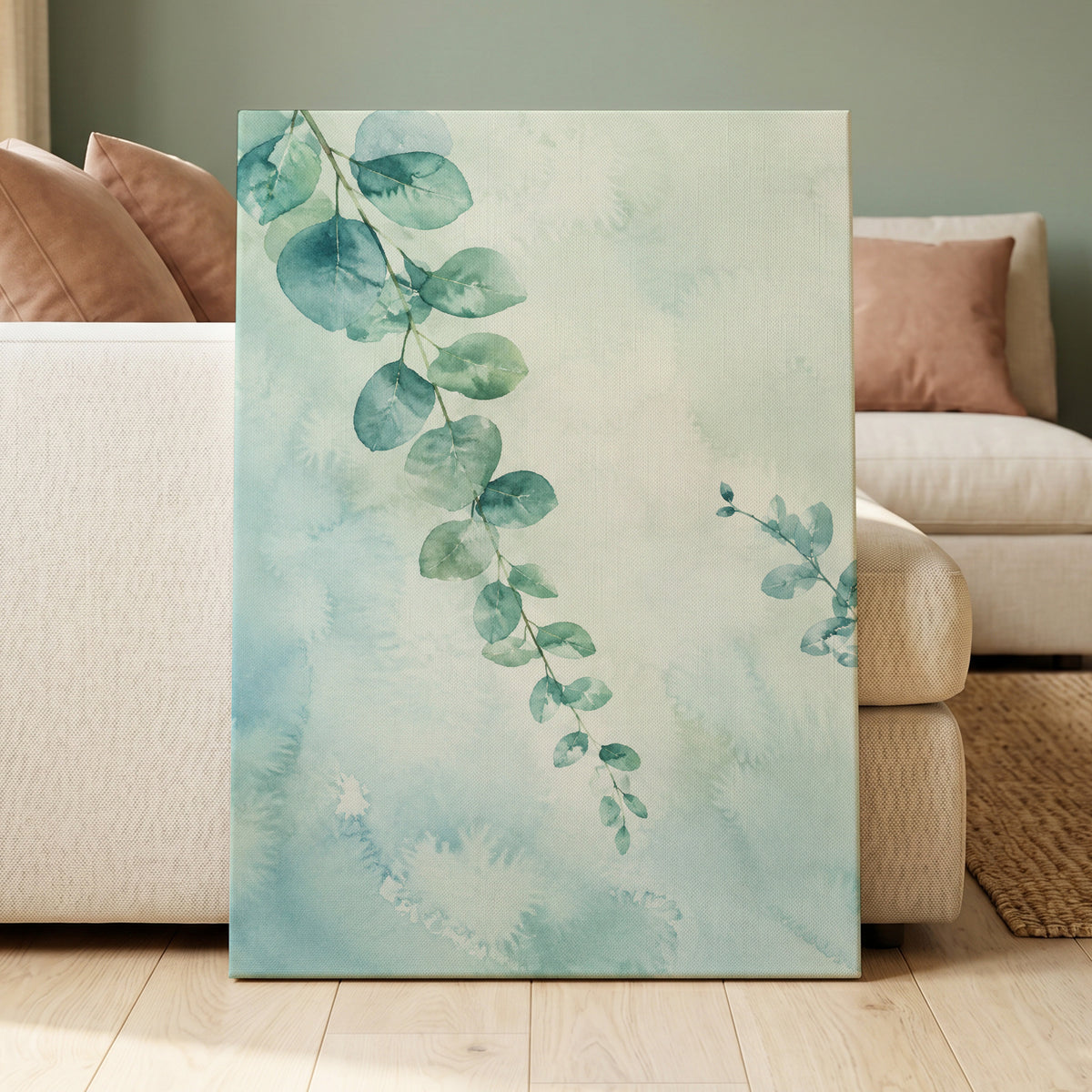 Eucalyptus Reverie, green, blue, white nature wall art displayed in a styled interior, gallery view 3