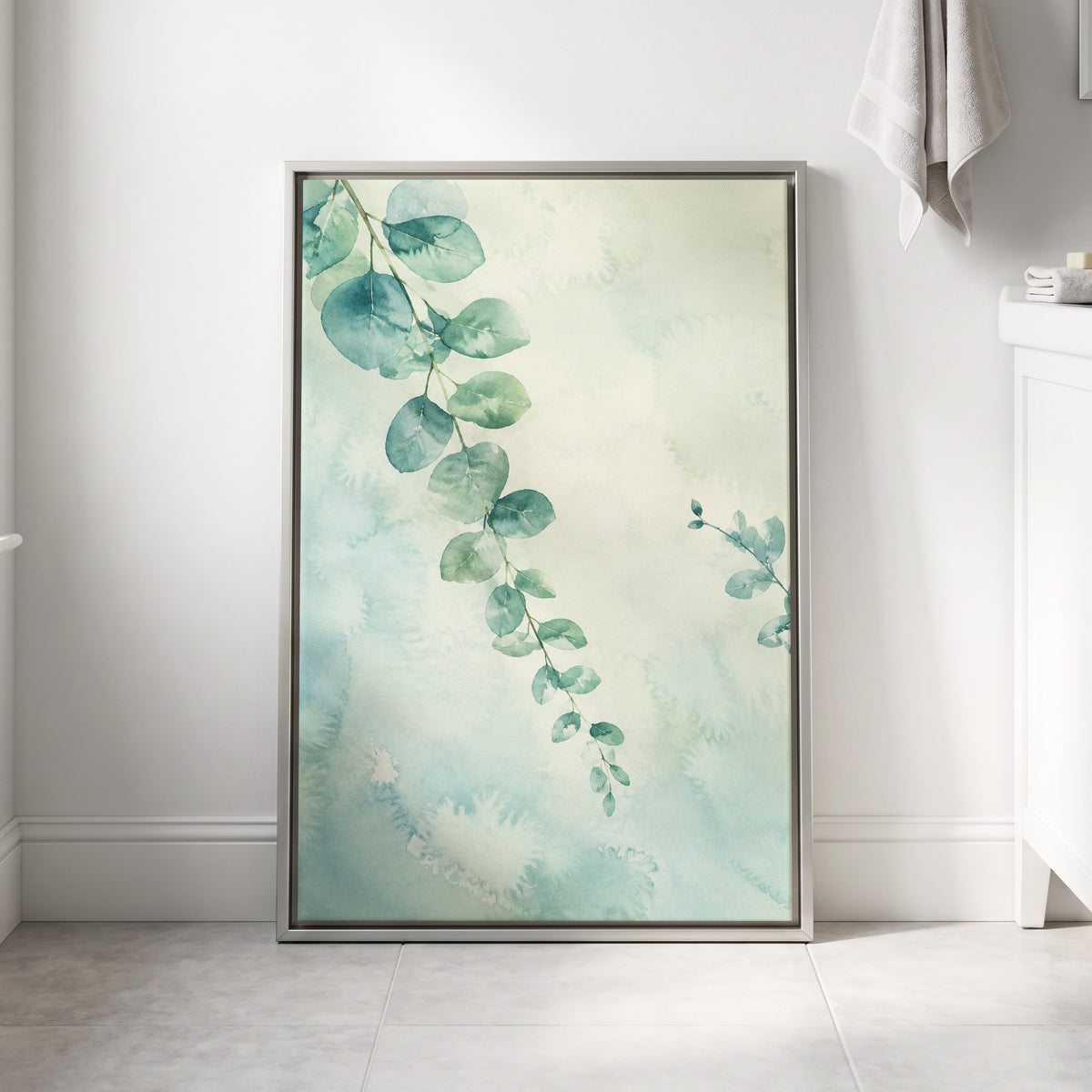 Eucalyptus Reverie, green, blue, white nature wall art displayed in a styled interior, gallery view 4