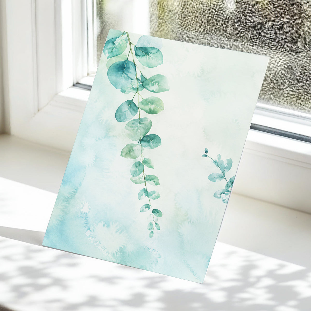 Eucalyptus Reverie, green, blue, white nature wall art displayed in a styled interior, gallery view 5