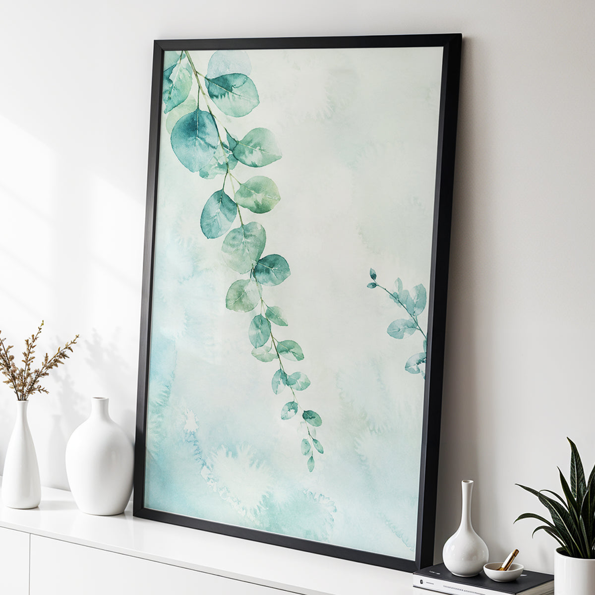 Eucalyptus Reverie, green, blue, white nature wall art displayed in a styled interior, gallery view 6
