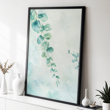 Eucalyptus Reverie, green, blue, white nature wall art displayed in a styled interior, gallery view 6