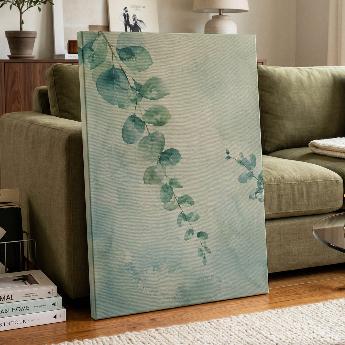 Eucalyptus Reverie, green, blue, white nature wall art displayed in a styled interior, gallery view 7