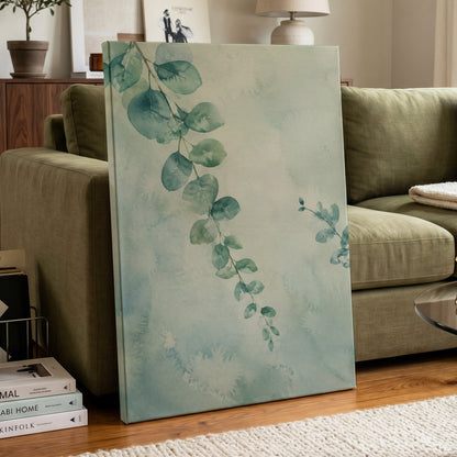 Eucalyptus Reverie, green, blue, white nature wall art displayed in a styled interior, gallery view 7