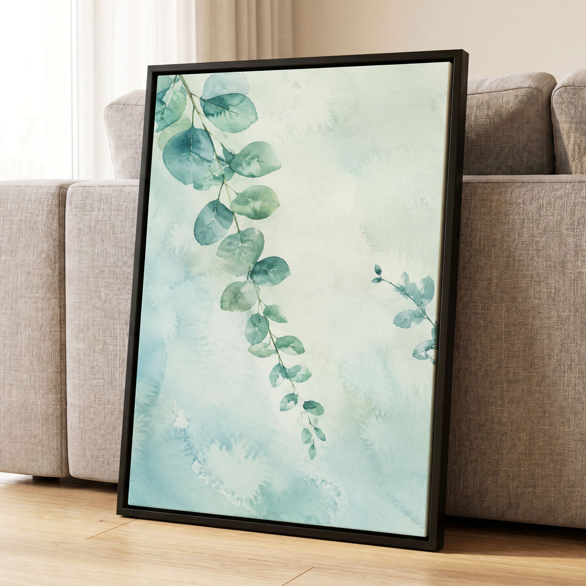 Eucalyptus Reverie, green, blue, white nature wall art displayed in a styled interior, gallery view 8