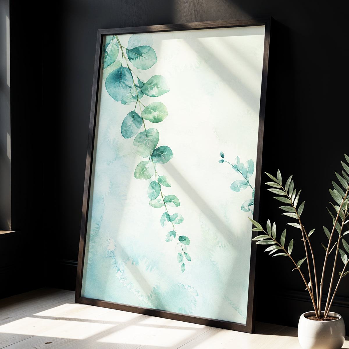 Eucalyptus Reverie, green, blue, white nature wall art displayed in a styled interior, gallery view 9