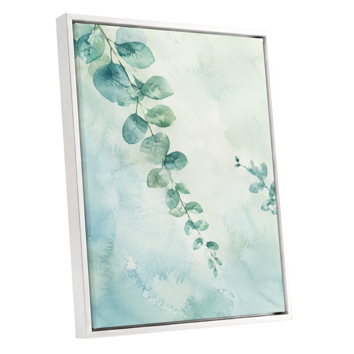 Eucalyptus Reverie, green, blue, white nature wall art shown as a white framed canvas wall art