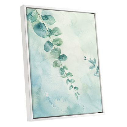 Eucalyptus Reverie, green, blue, white nature wall art shown as a white framed canvas wall art