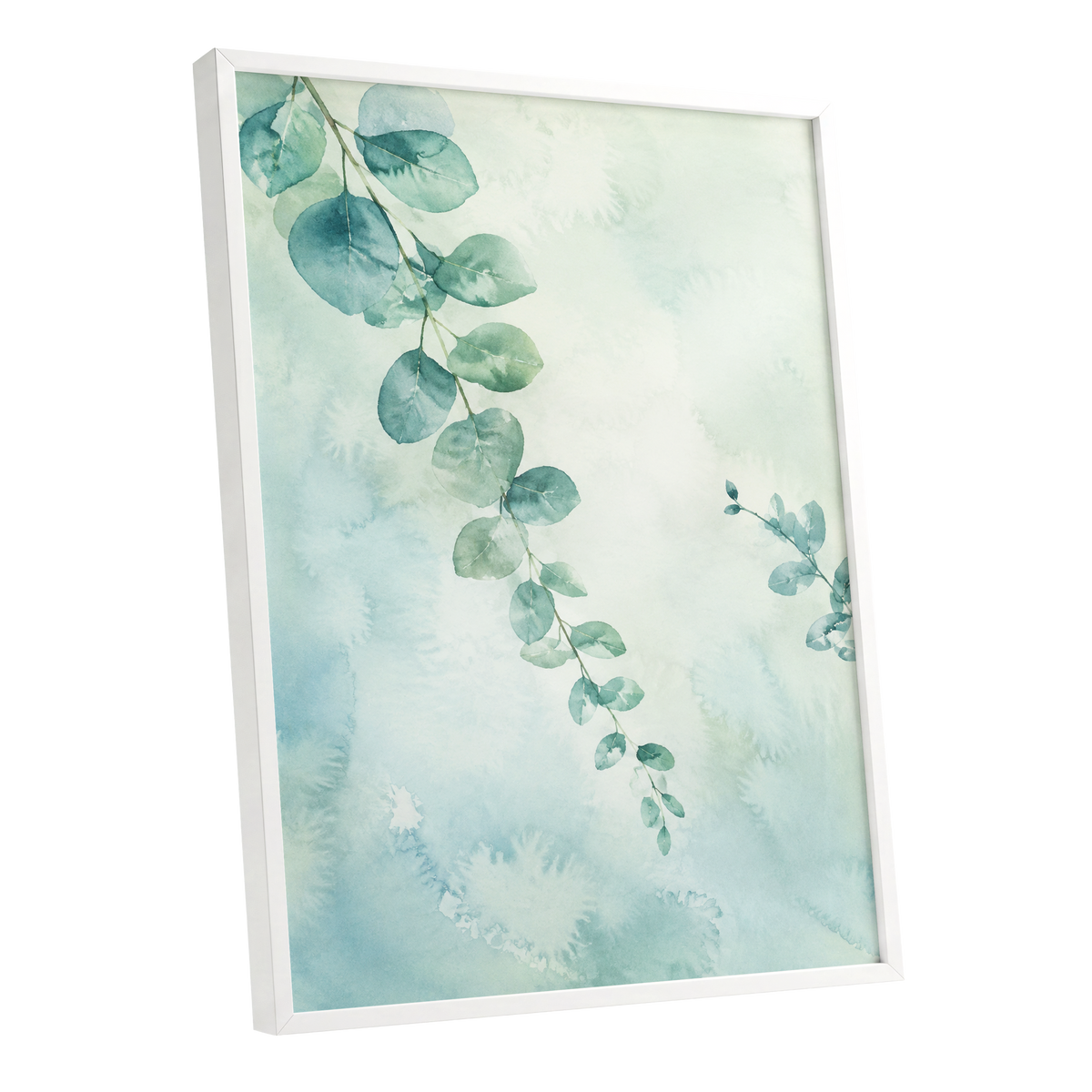 Eucalyptus Reverie, green, blue, white nature wall art shown as a white framed poster wall art print
