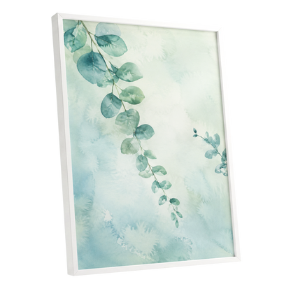 Eucalyptus Reverie, green, blue, white nature wall art shown as a white framed poster wall art print