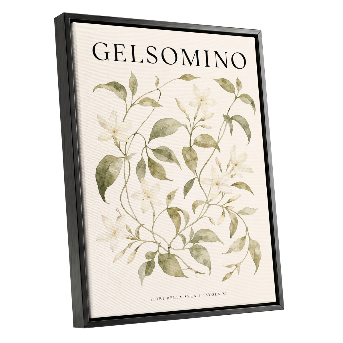 Evening Jasmine Study, green, beige, black floral wall art shown as a black framed canvas wall art