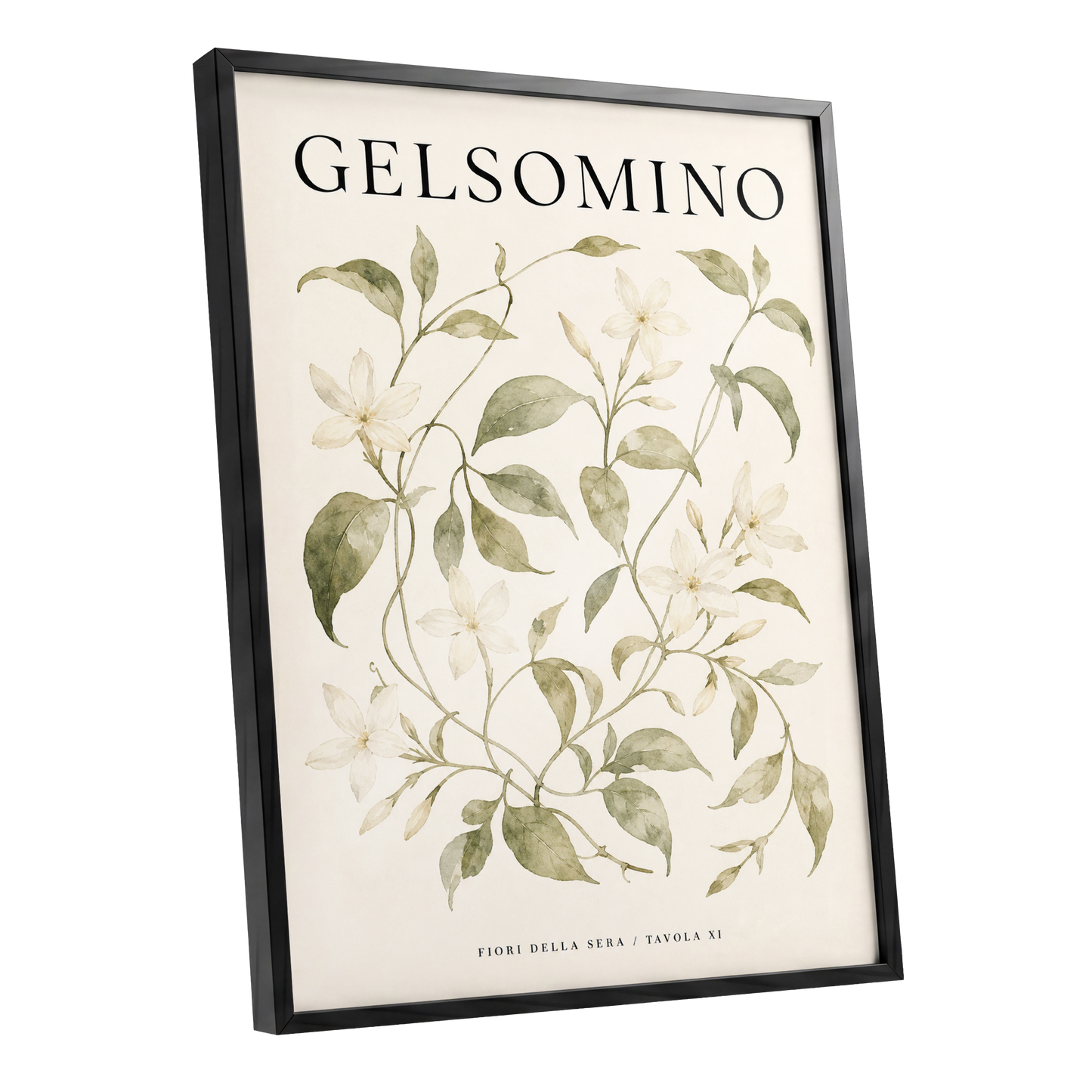 Evening Jasmine Study, green, beige, black floral wall art shown as a black framed poster wall art print