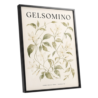 Evening Jasmine Study, green, beige, black floral wall art shown as a black framed poster wall art print