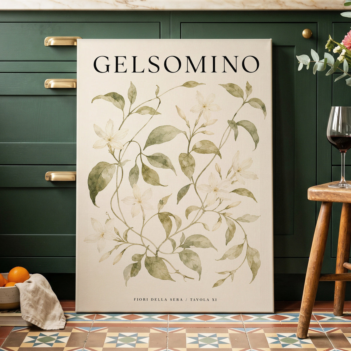 Evening Jasmine Study, green, beige, black floral wall art on canvas displayed in a styled interior, gallery view 1