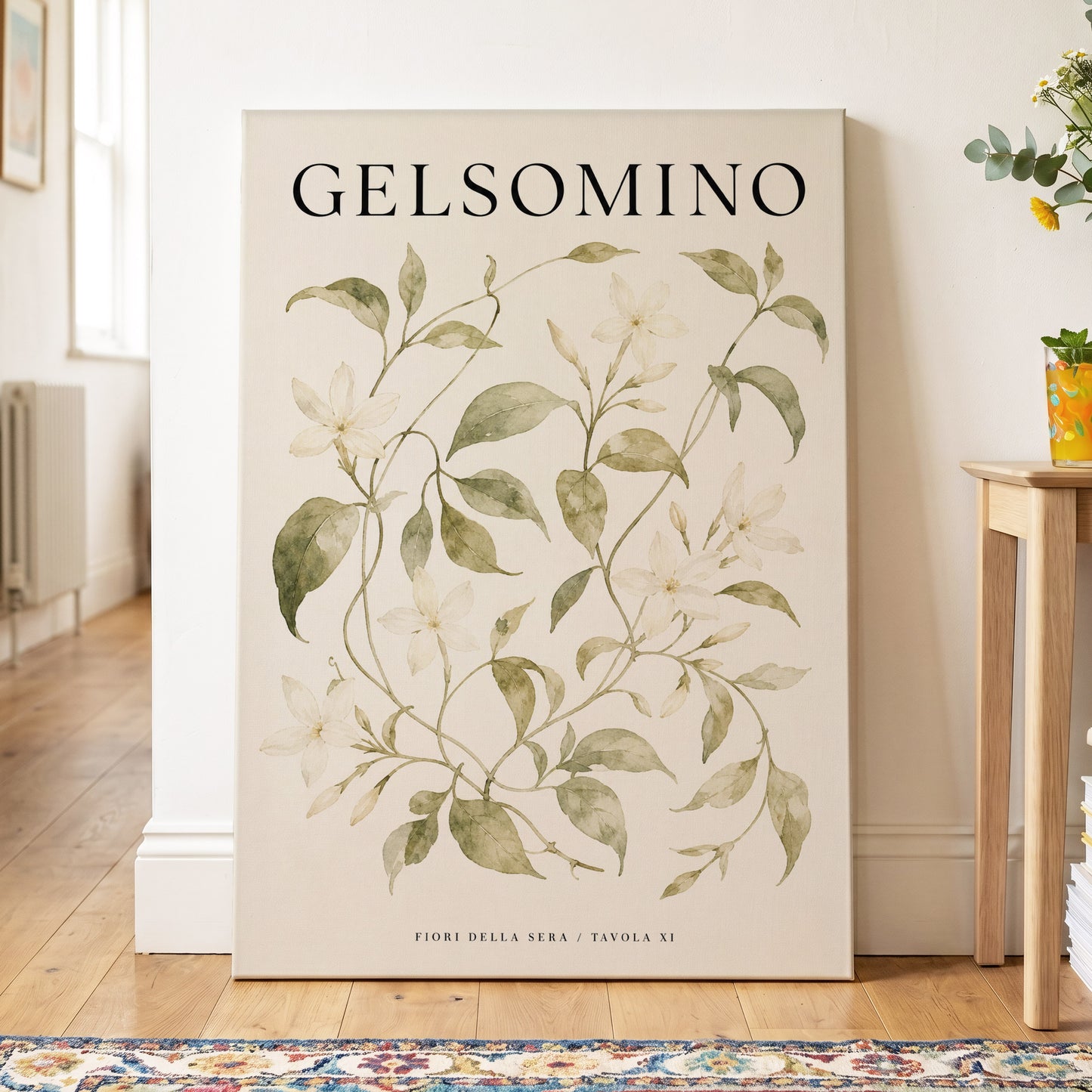 Evening Jasmine Study, green, beige, black floral wall art on canvas displayed in a styled interior, gallery view 2