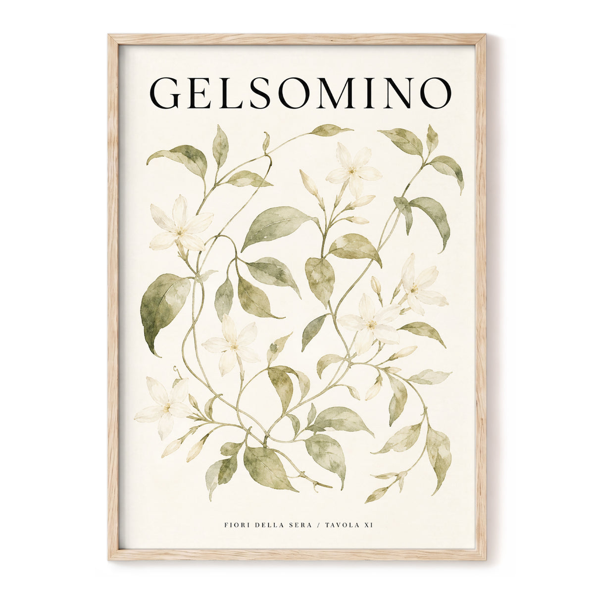 Evening Jasmine Study, green, beige, black floral wall art, front artwork view