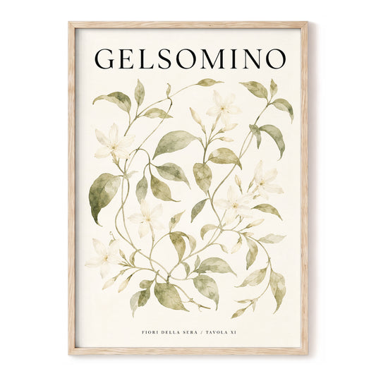 Evening Jasmine Study, green, beige, black floral wall art, front artwork view