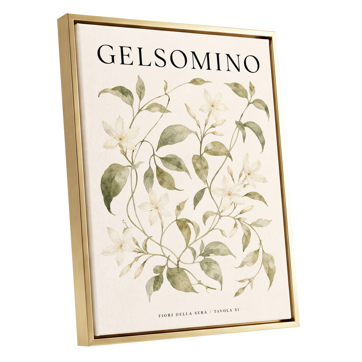 Evening Jasmine Study, green, beige, black floral wall art shown as a gold framed canvas wall art
