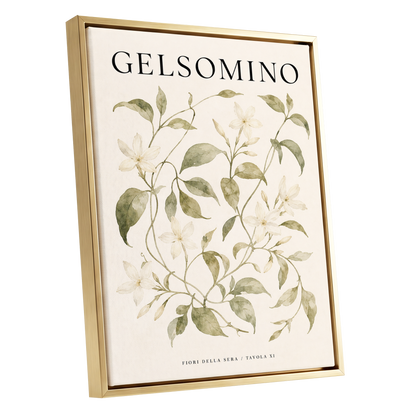 Evening Jasmine Study, green, beige, black floral wall art shown as a gold framed canvas wall art