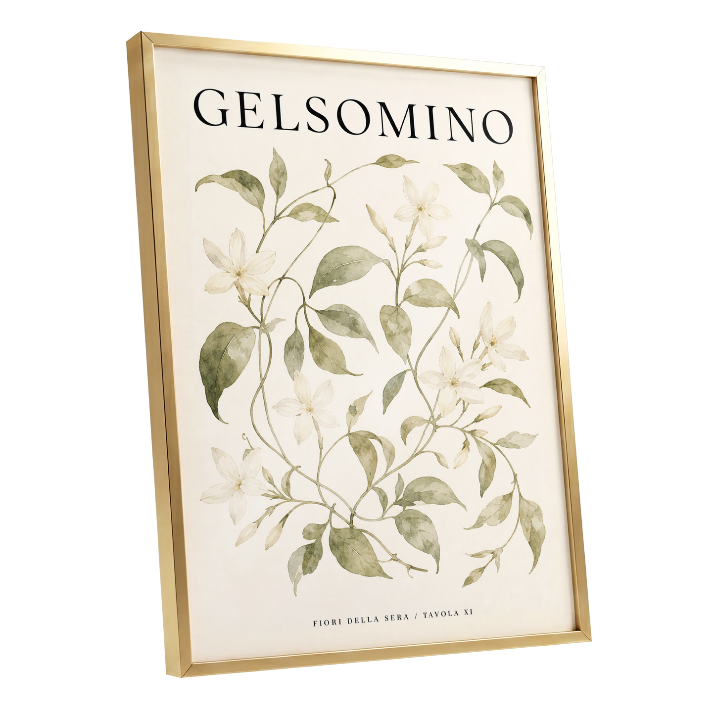 Evening Jasmine Study, green, beige, black floral wall art shown as a gold framed poster wall art print
