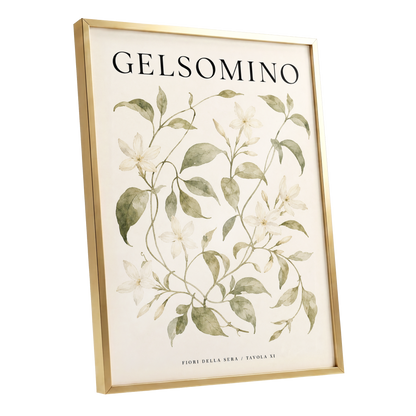 Evening Jasmine Study, green, beige, black floral wall art shown as a gold framed poster wall art print
