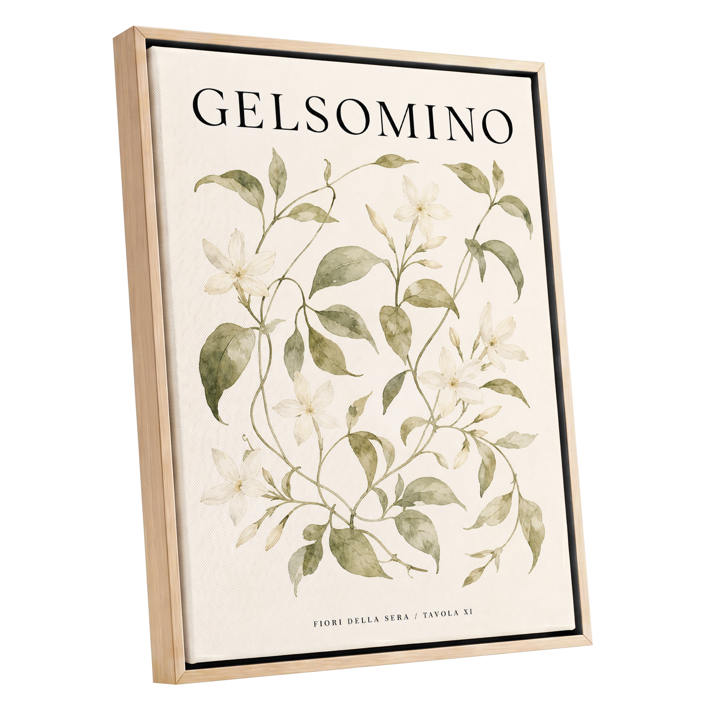 Evening Jasmine Study, green, beige, black floral wall art shown as a oak framed canvas wall art