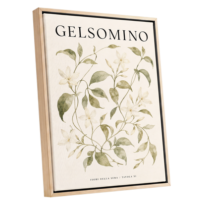 Evening Jasmine Study, green, beige, black floral wall art shown as a oak framed canvas wall art