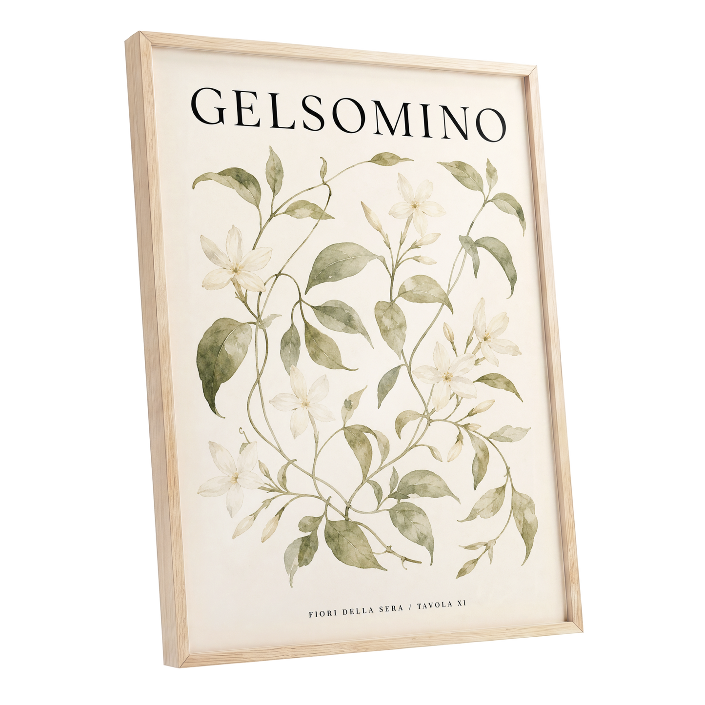 Evening Jasmine Study, green, beige, black floral wall art shown as a oak framed poster wall art print