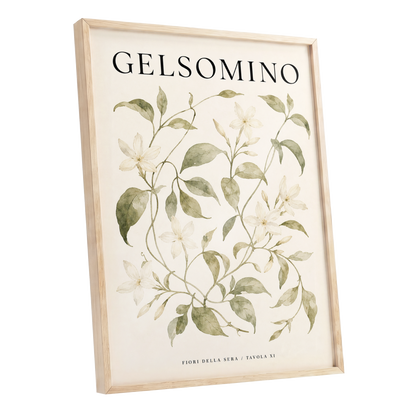Evening Jasmine Study, green, beige, black floral wall art shown as a oak framed poster wall art print
