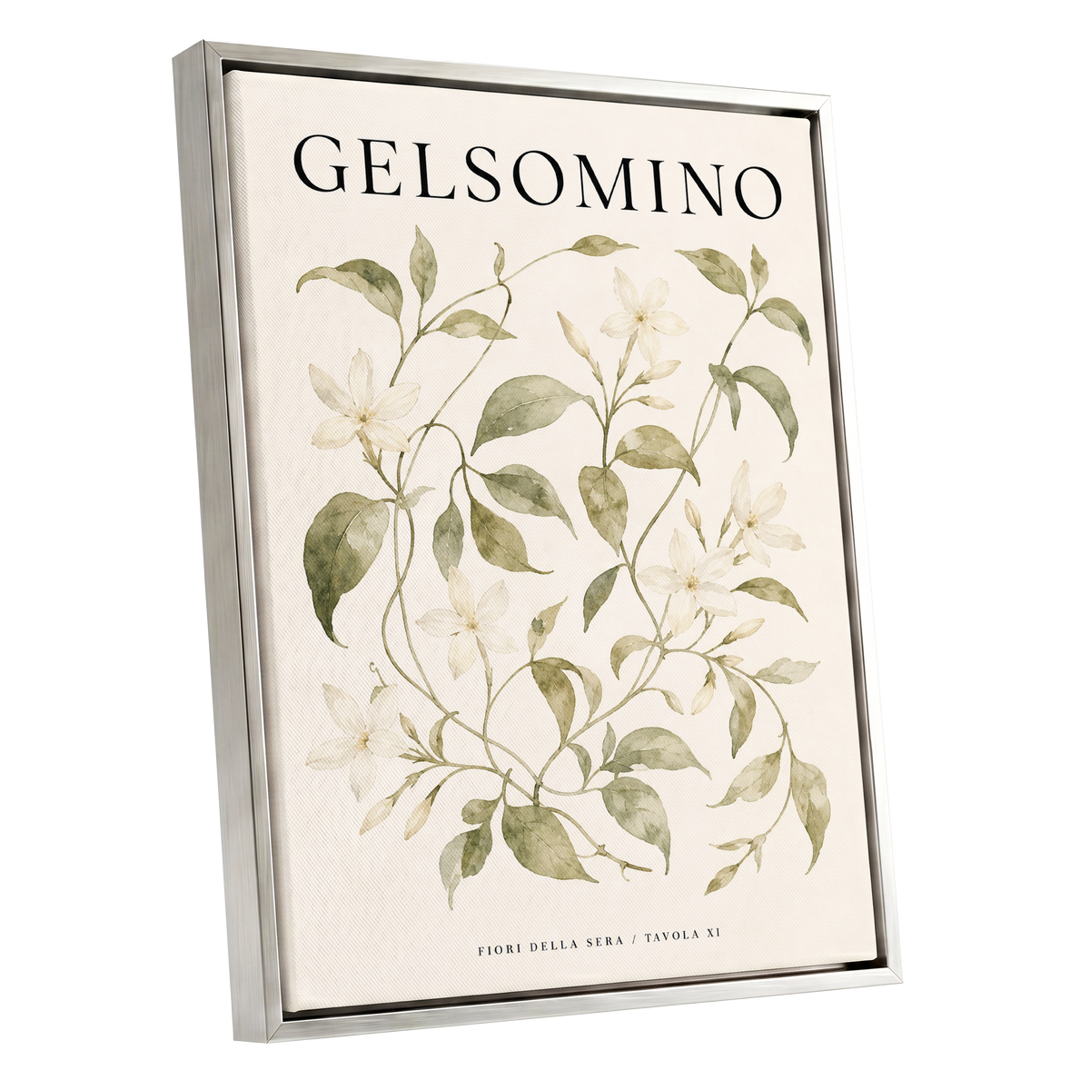 Evening Jasmine Study, green, beige, black floral wall art shown as a silver framed canvas wall art