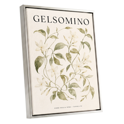 Evening Jasmine Study, green, beige, black floral wall art shown as a silver framed canvas wall art