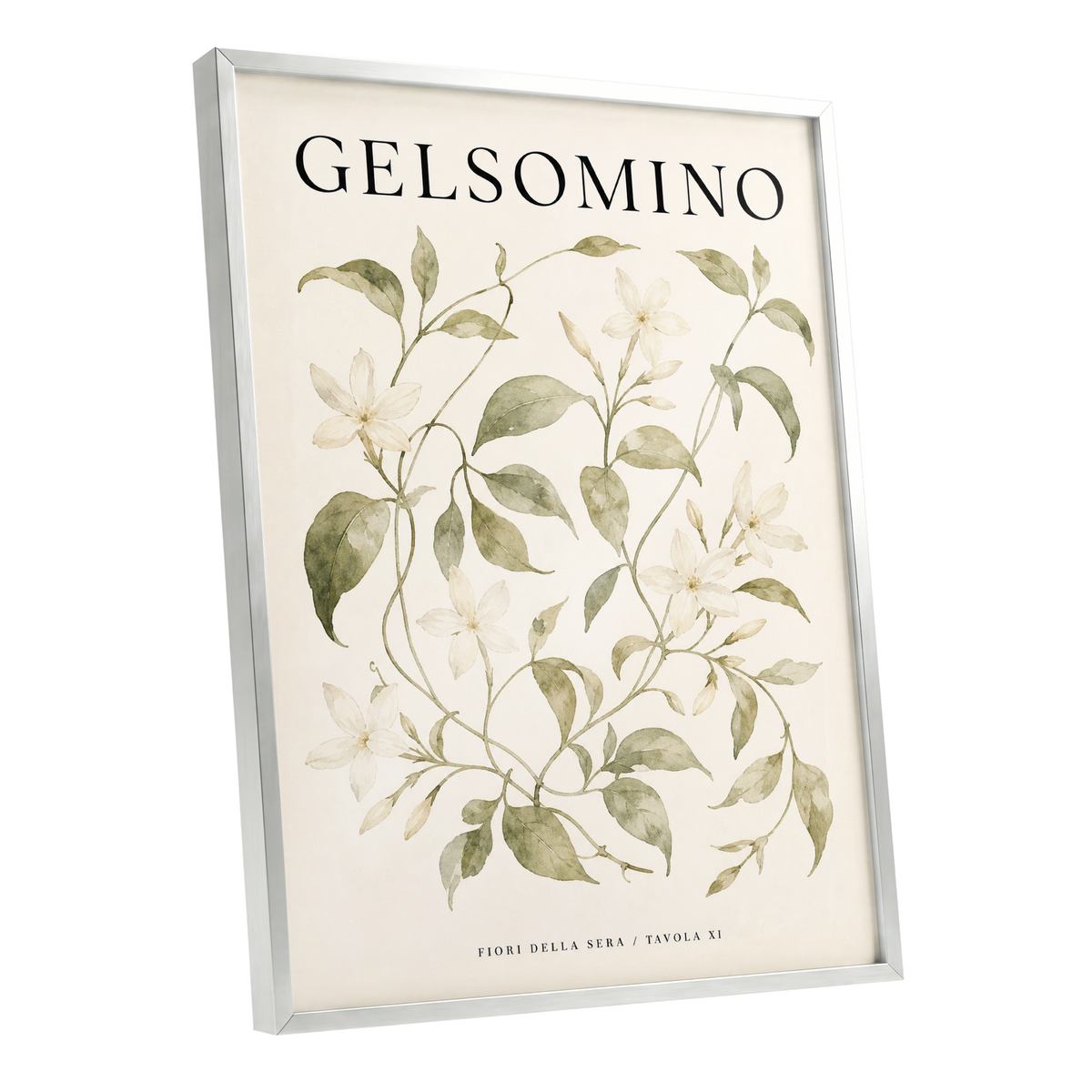 Evening Jasmine Study, green, beige, black floral wall art shown as a silver framed poster wall art print