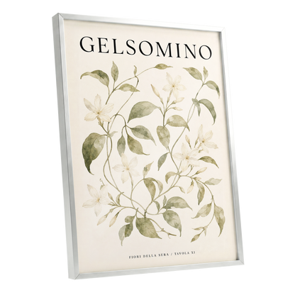Evening Jasmine Study, green, beige, black floral wall art shown as a silver framed poster wall art print