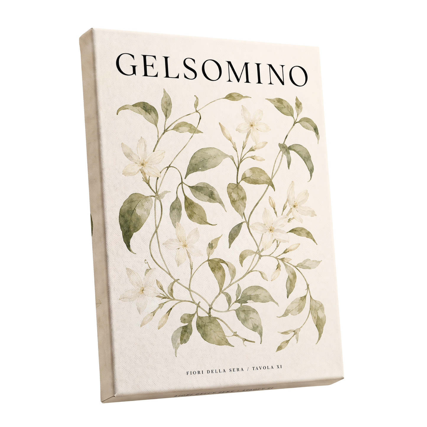 Evening Jasmine Study, green, beige, black floral wall art shown as a stretched canvas wall art