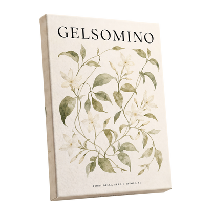 Evening Jasmine Study, green, beige, black floral wall art shown as a stretched canvas wall art