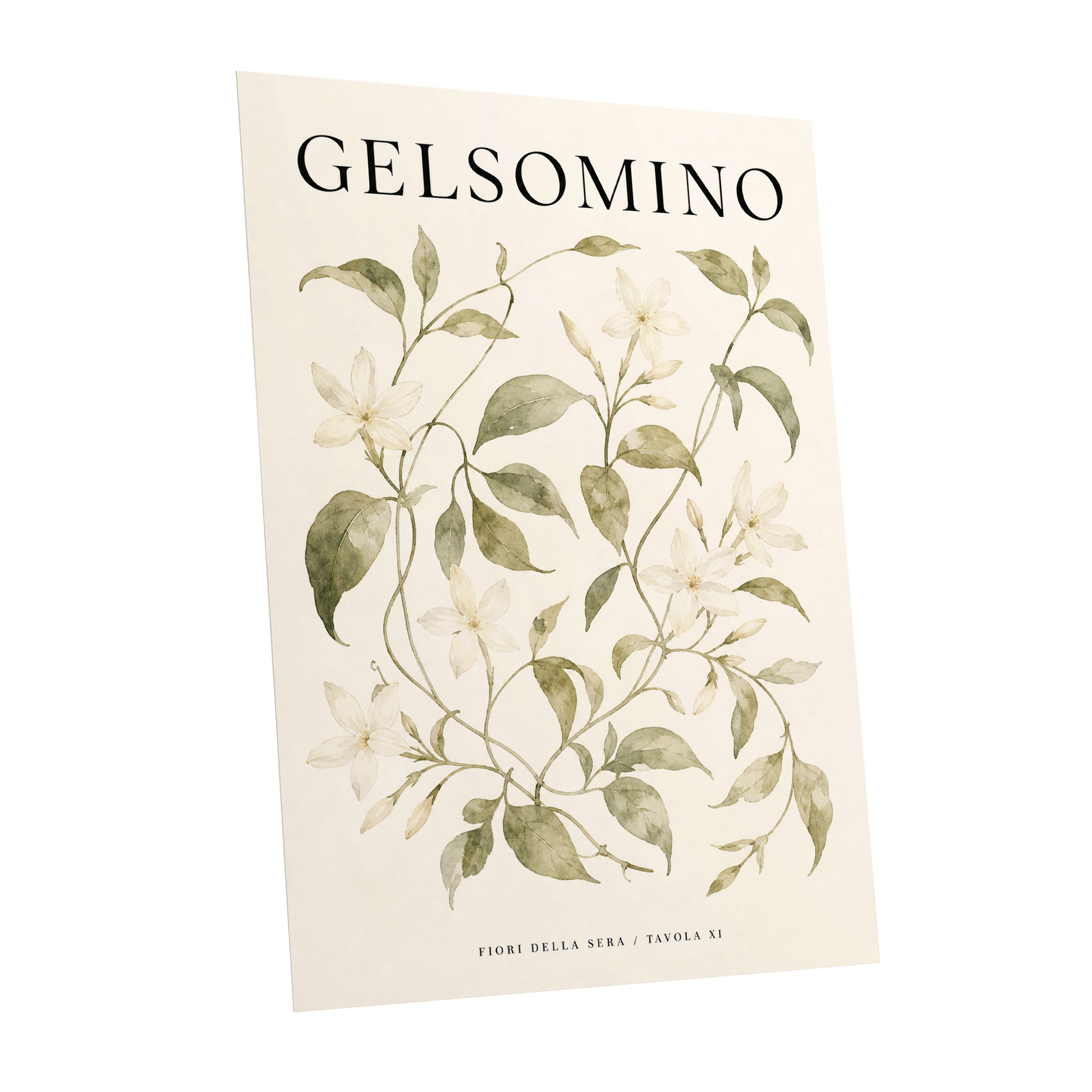 Evening Jasmine Study, green, beige, black floral wall art shown as a unframed poster wall art print