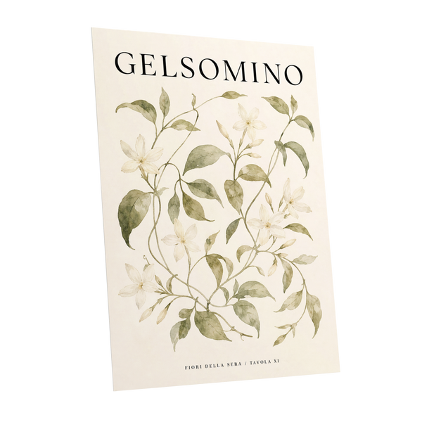 Evening Jasmine Study, green, beige, black floral wall art shown as a unframed poster wall art print