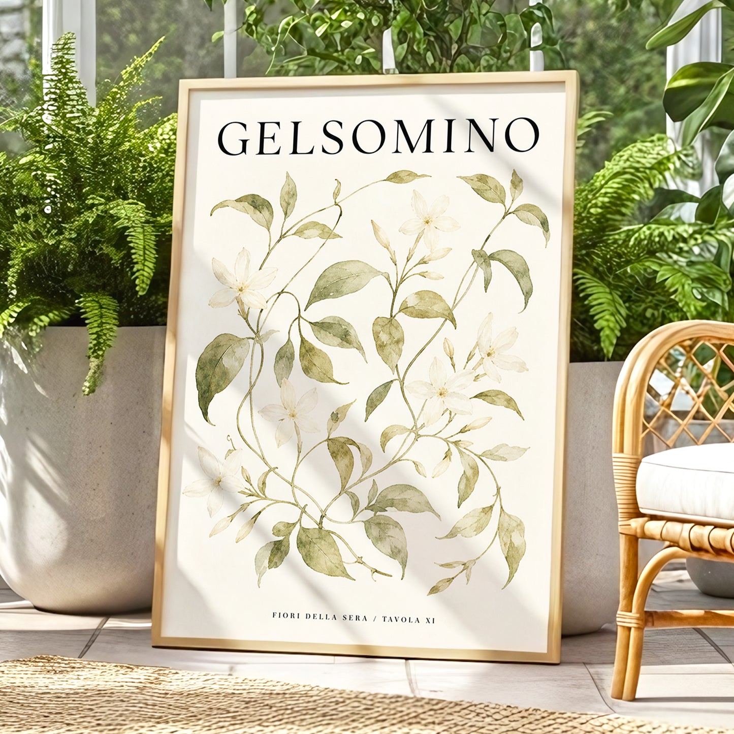 Evening Jasmine Study, green, beige, black floral wall art displayed in a styled interior, gallery view 1