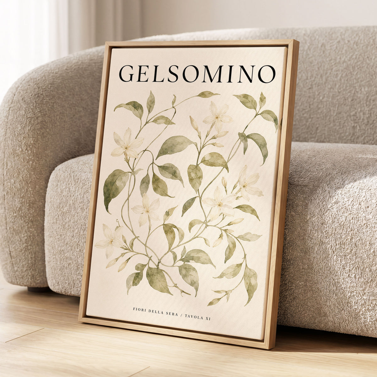 Evening Jasmine Study, green, beige, black floral wall art displayed in a styled interior, gallery view 2