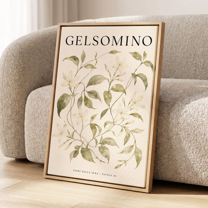 Evening Jasmine Study, green, beige, black floral wall art displayed in a styled interior, gallery view 2