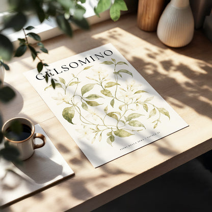 Evening Jasmine Study, green, beige, black floral wall art displayed in a styled interior, gallery view 3
