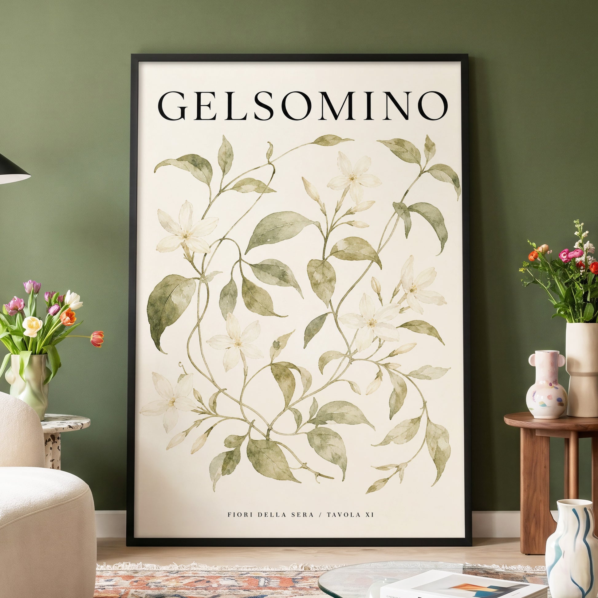 Evening Jasmine Study, green, beige, black floral wall art displayed in a styled interior, gallery view 4