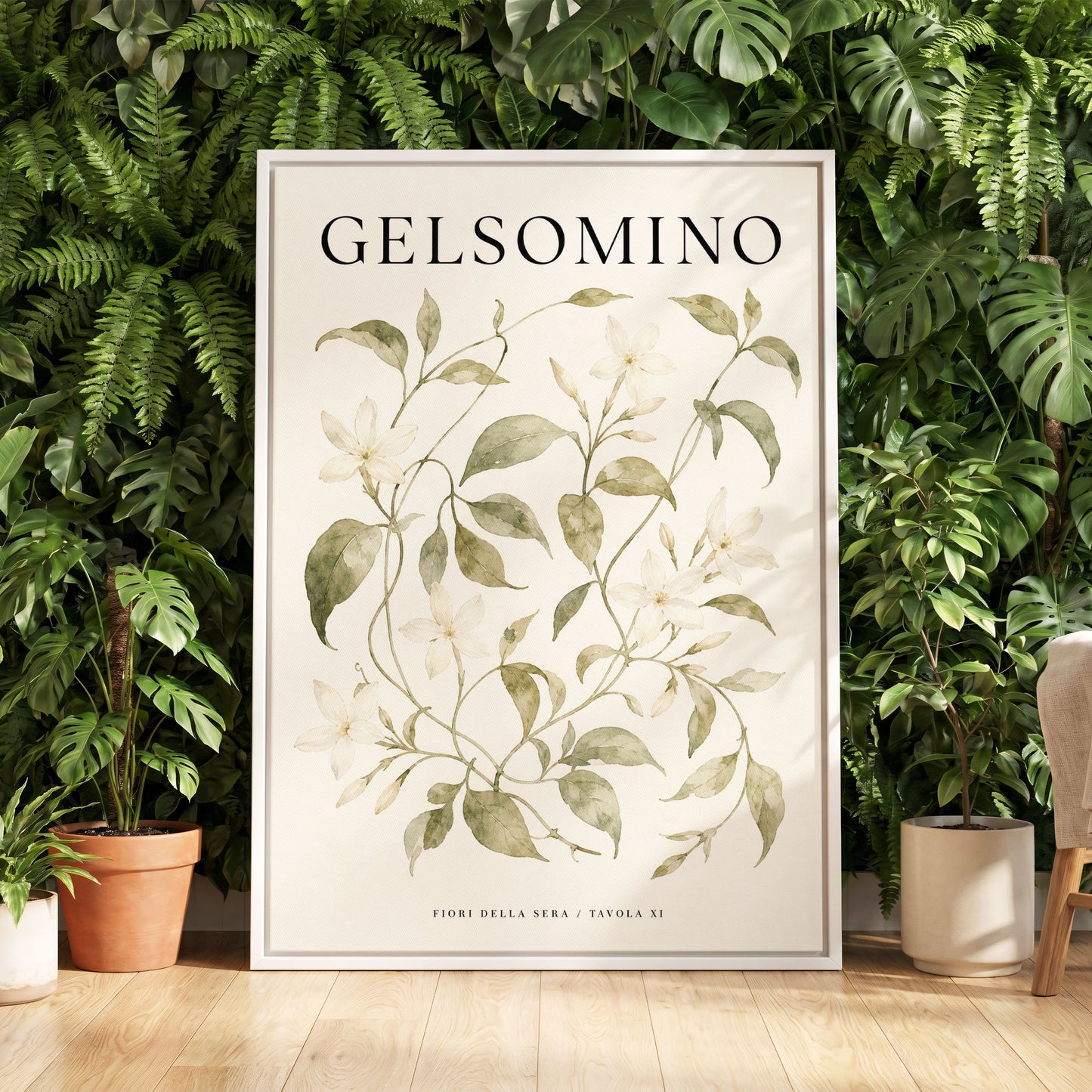 Evening Jasmine Study, green, beige, black floral wall art displayed in a styled interior, gallery view 5