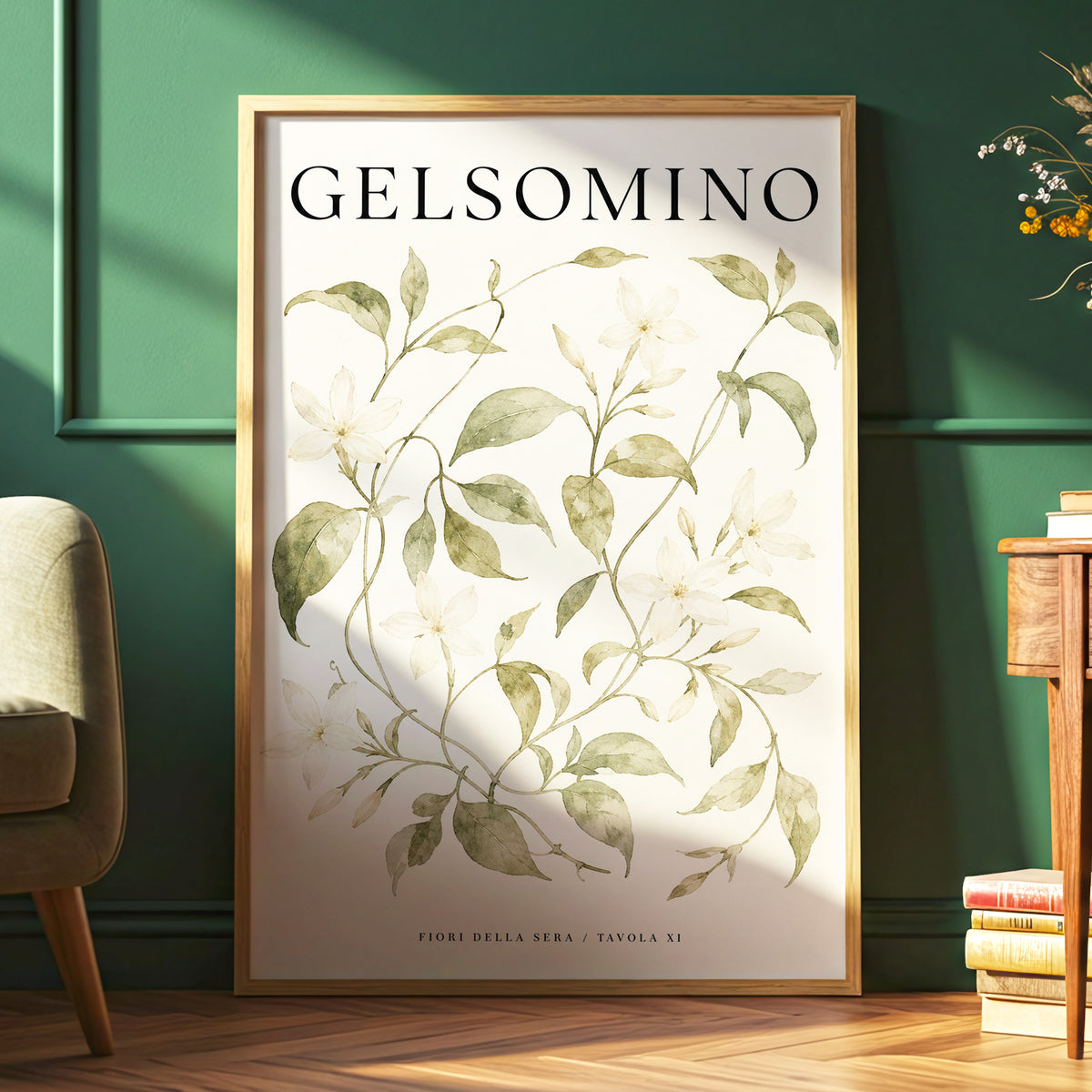 Evening Jasmine Study, green, beige, black floral wall art displayed in a styled interior, gallery view 6