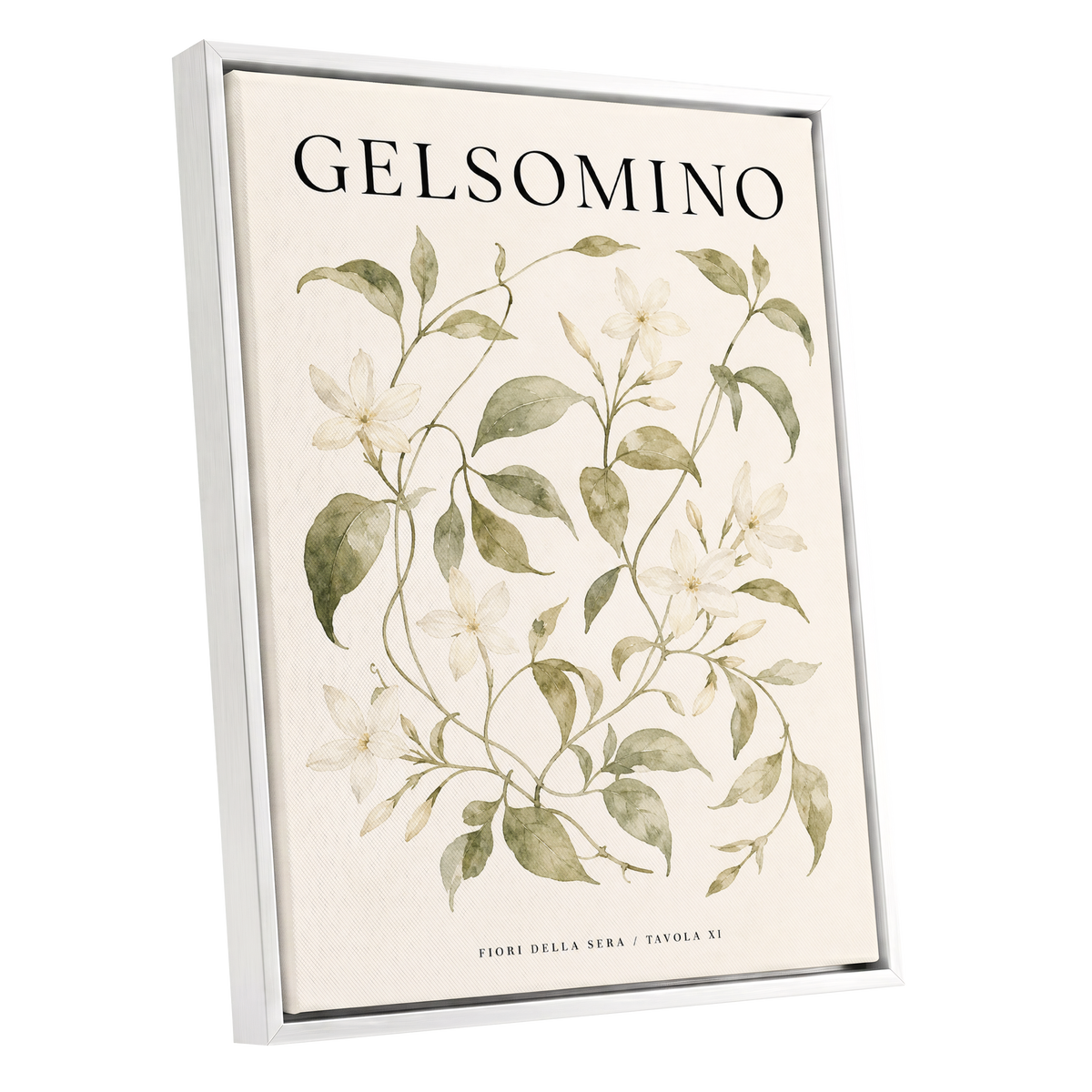 Evening Jasmine Study, green, beige, black floral wall art shown as a white framed canvas wall art