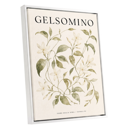 Evening Jasmine Study, green, beige, black floral wall art shown as a white framed canvas wall art
