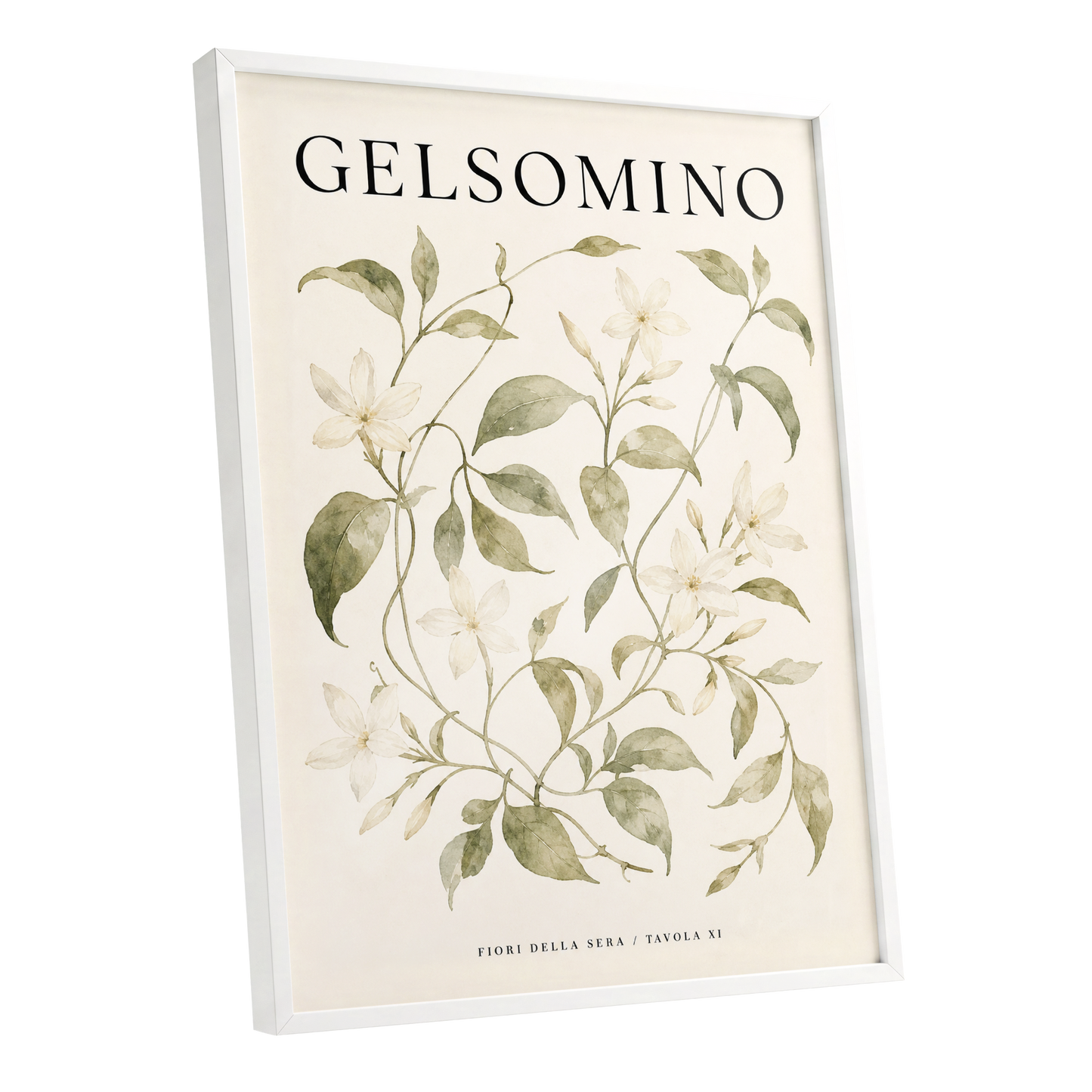 Evening Jasmine Study, green, beige, black floral wall art shown as a white framed poster wall art print