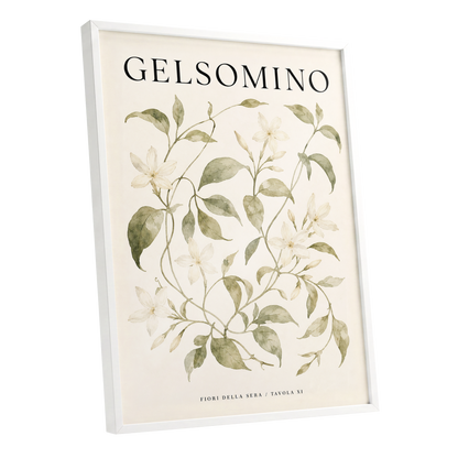 Evening Jasmine Study, green, beige, black floral wall art shown as a white framed poster wall art print